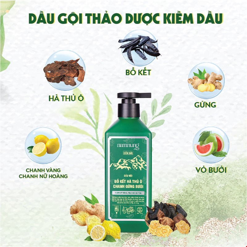 Dầu gội thảo dược kiềm dầu bồ kết hà thủ ô chanh gừng 500ml