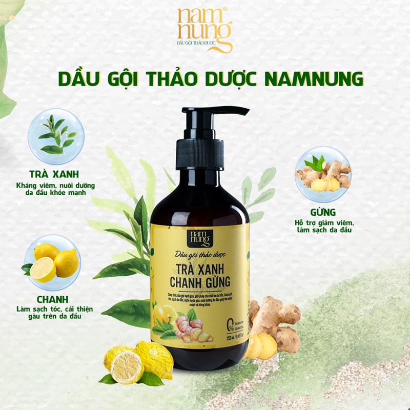 Dầu gội thảo dược NamNung Trà xanh, Chanh, Gừng 500ml