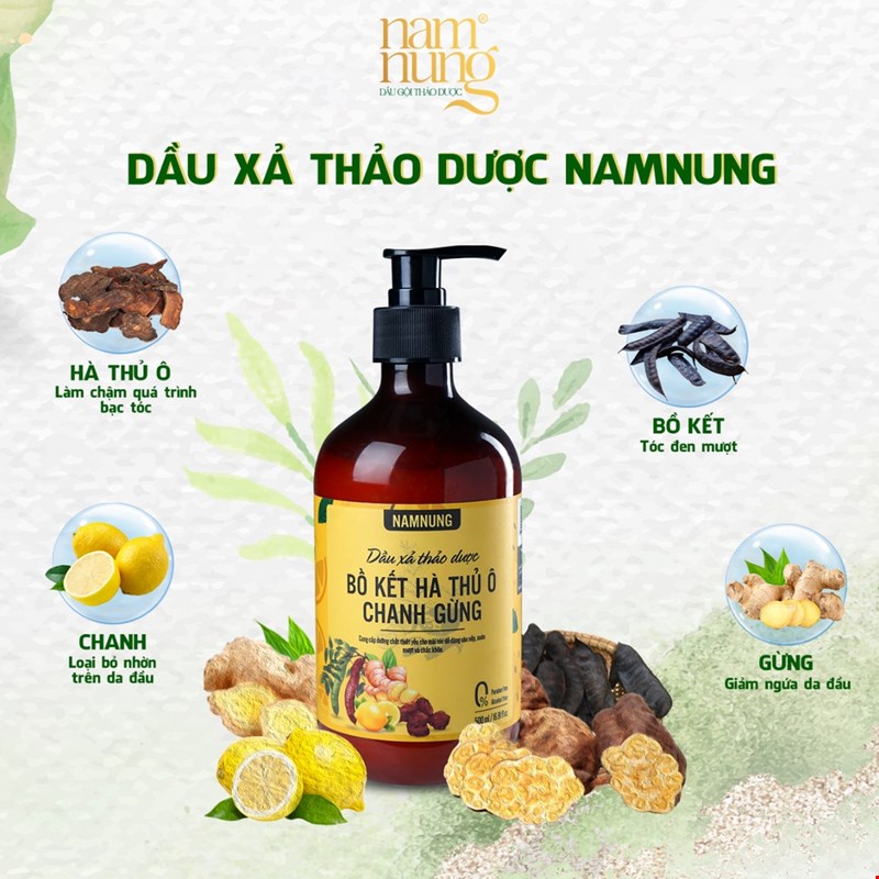 Dầu xả thảo dược NamNung Bồ kết, hà thủ ô, chanh, gừng 500ml 