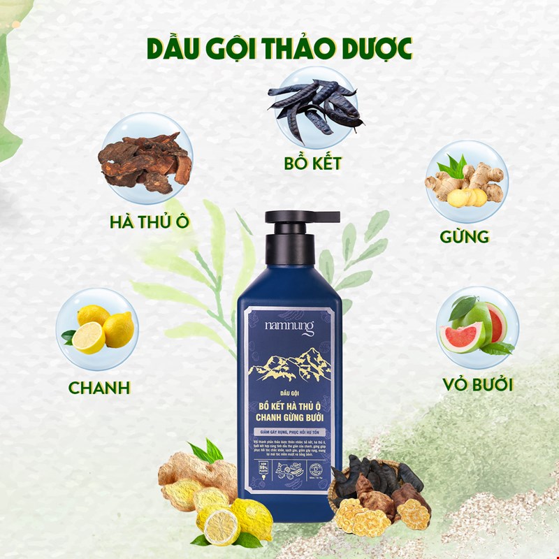 Dầu gội thảo dược NamNung Bồ kết, Hà thủ ô, Chanh, Gừng 500ml [New]